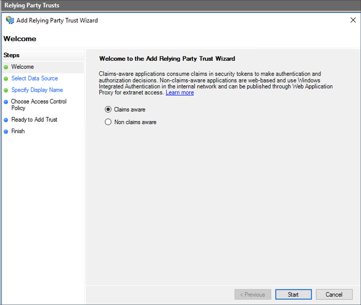 Click to expand Add relying party trust wizard in ADFS