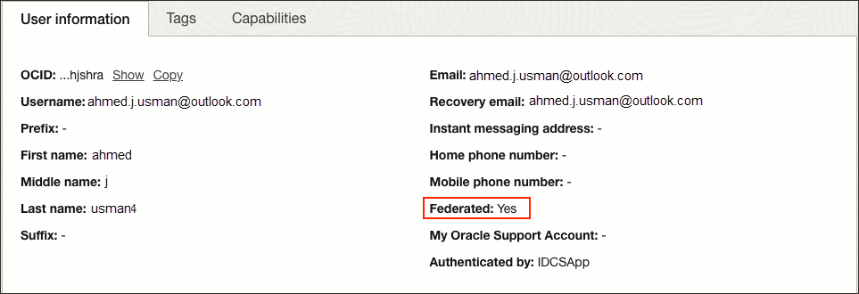 Click to expand User information showing that the user is federated