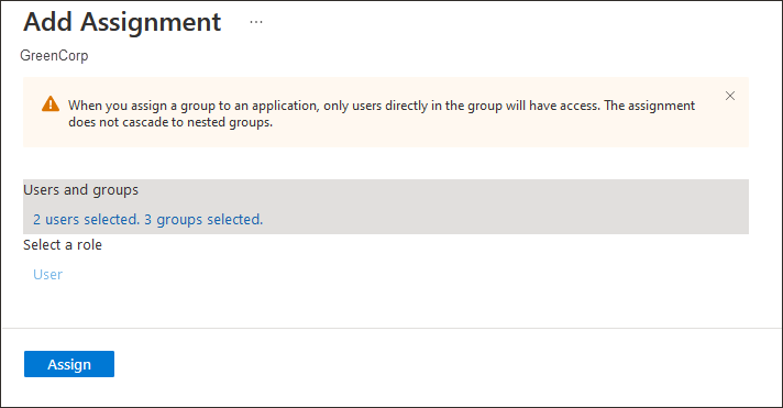 Click to expand The number of users and groups you have selected are shown on the Add Assignment page.
