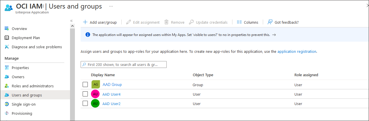 Click to expand The users and group you have chosen are shown in the list of users and groups for the app.