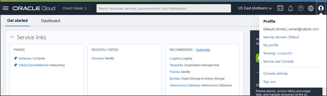 Click to expand My Profile in OCI IAM for user