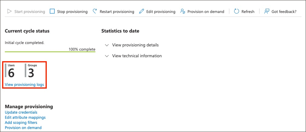 Click to expand The status of provisioning is shown, along with the number of users provisioned to OCI IAM