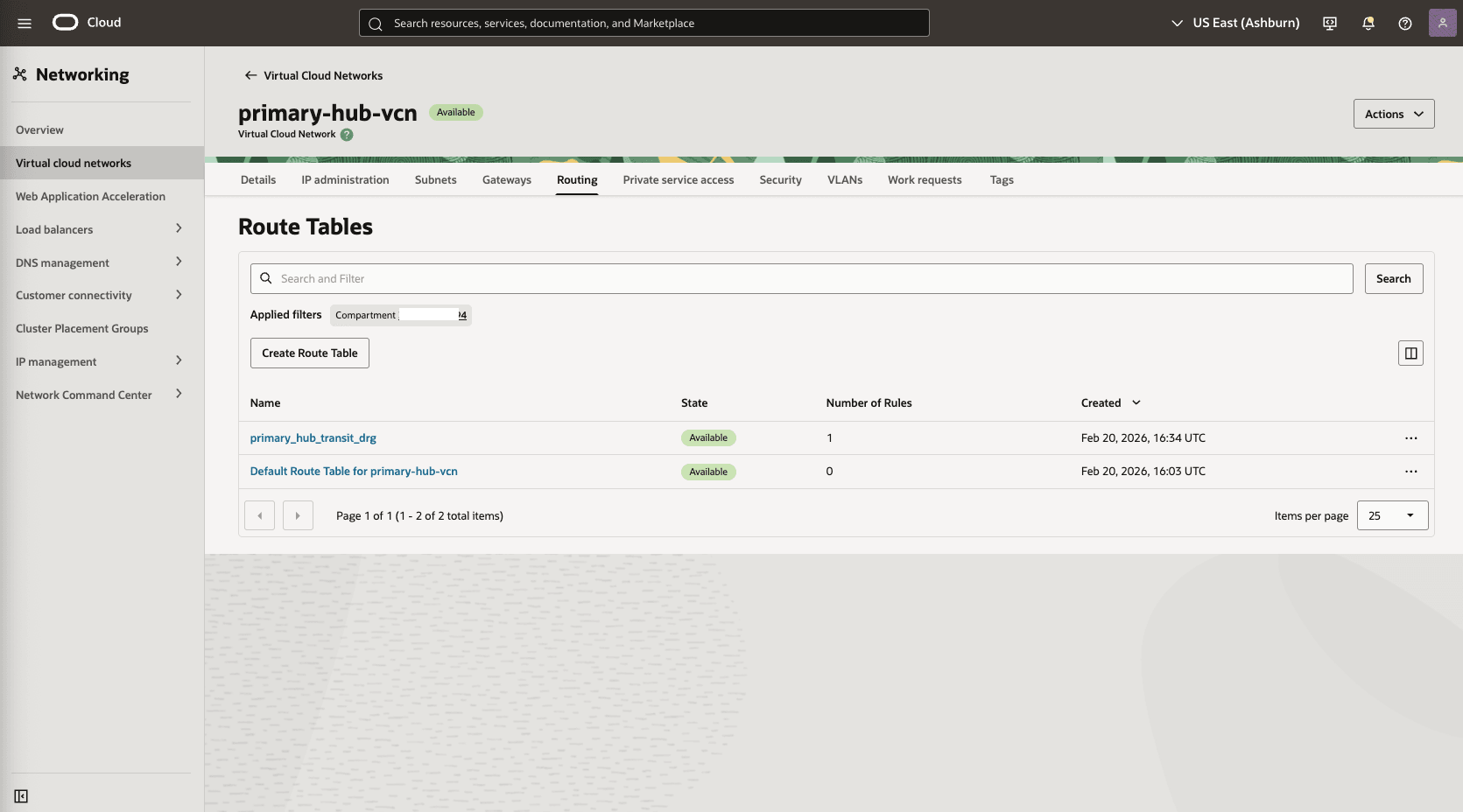 This screenshot shows how to configure the network in the primary region.