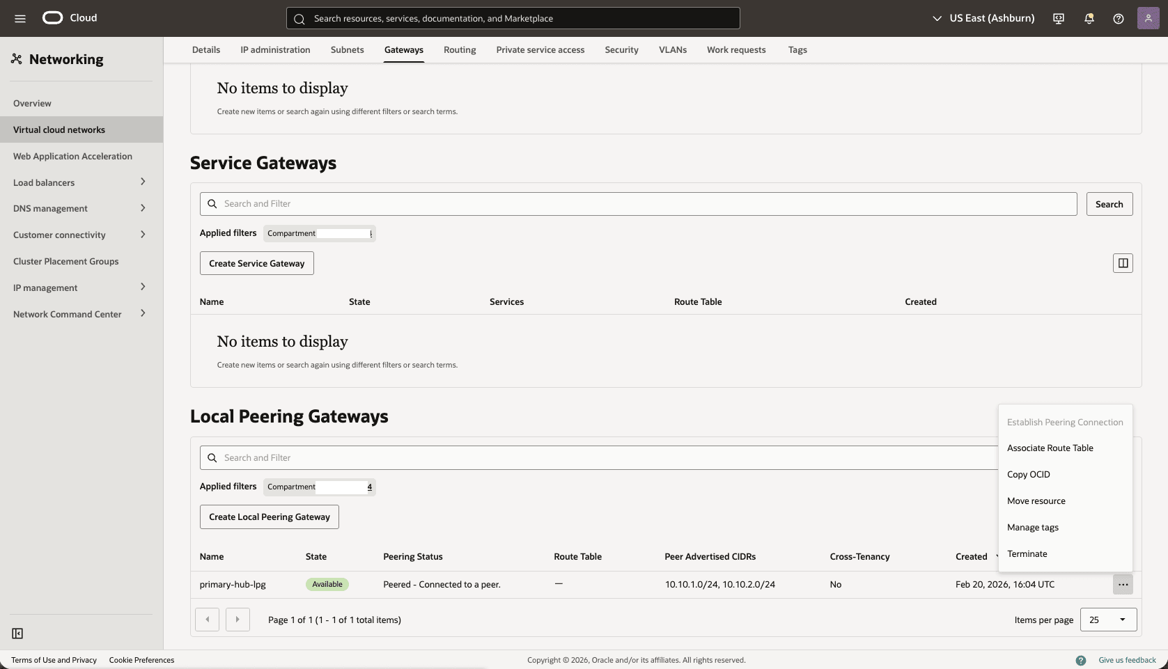 This screenshot shows how to configure the network in the primary region.