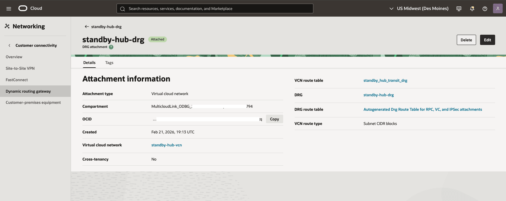 This screenshot shows how to configure the network in the standby region.