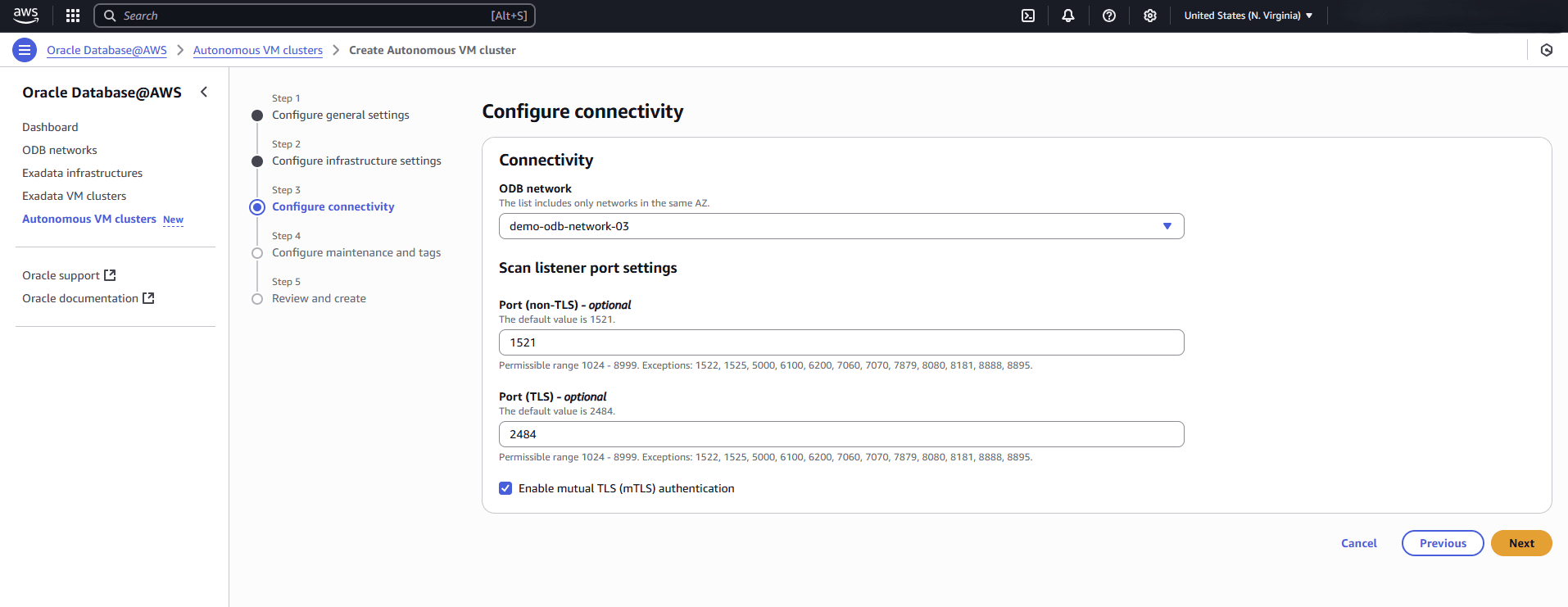 This screenshot shows the third part of creating an Autonomous VM Cluster