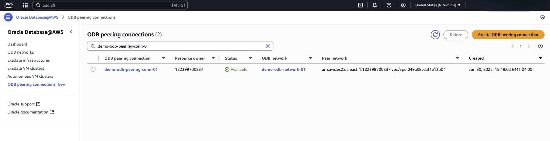 This screenshot shows the last part of creating an ODB peering connection.