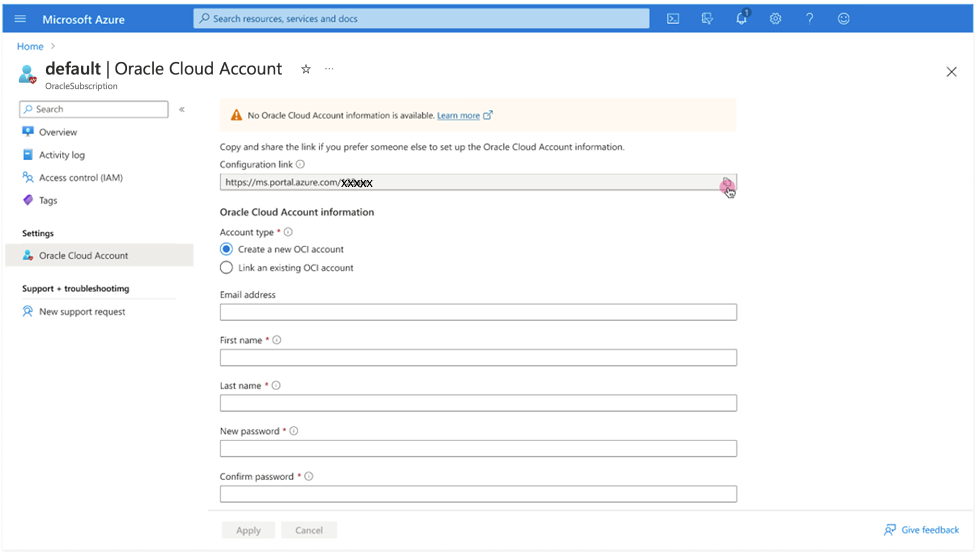 Click to expand An image of the Azure portal showing new account admin configuration.