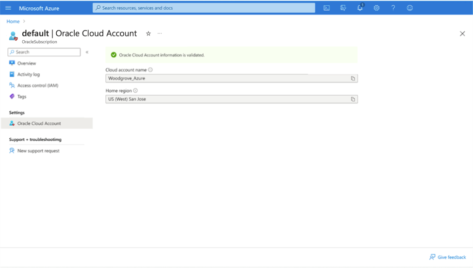 Click to expand An image of the Azure portal showing the Oracle purchase page with the Oracle Cloud account successfully validated.