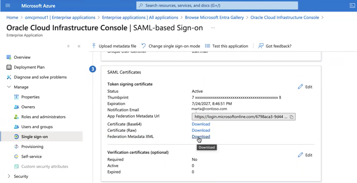 Click to expand An image of the Azure portal showing the Federation Metadata XML download link in the SAML-based sign-on work flow in Entra ID.