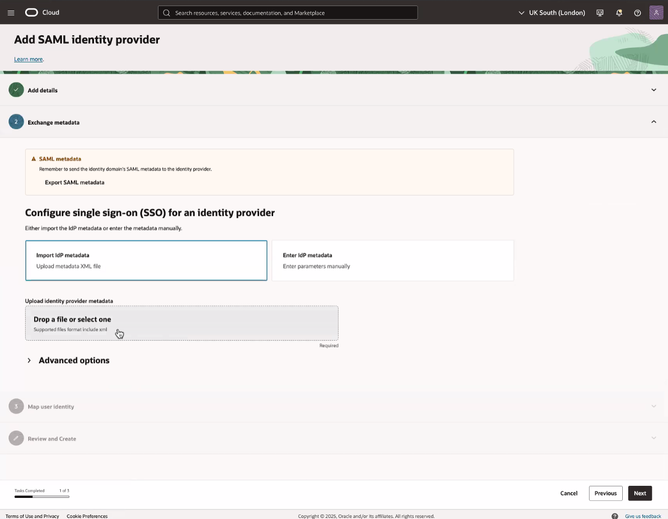 Click to expand An image of the Oracle Cloud Consoleshowing the Add SAML identity provider page.