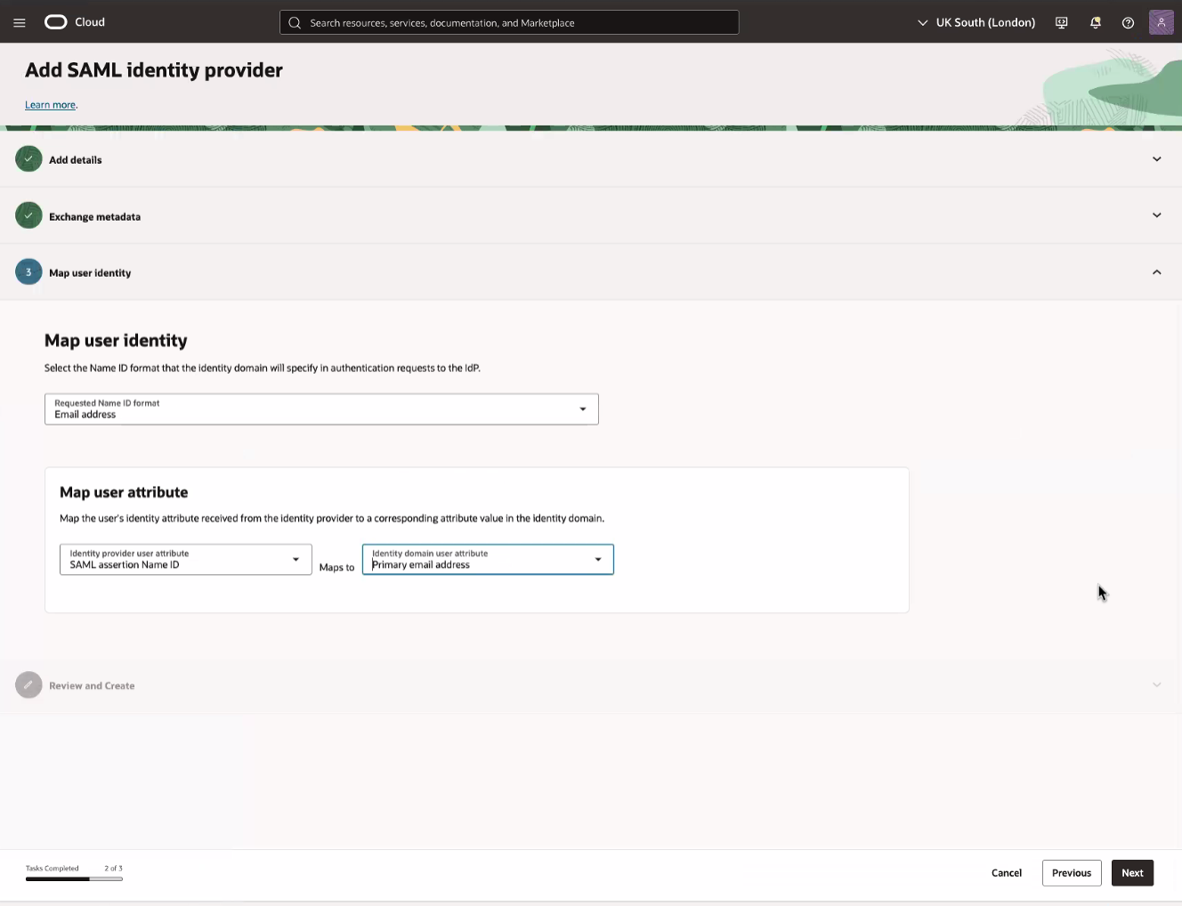 Click to expand An image of the OCI Console showing the Map User Identity page of the Add SAML identity provider work flow.