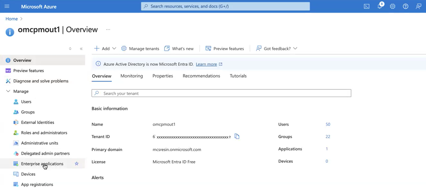 Click to expand An image of the Azure portal showing the Entra ID Enterprise applications page.