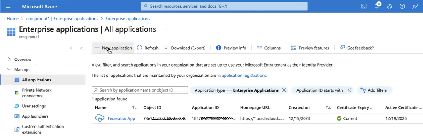 Click to expand An image of the Azure portal showing the All applications page of the Entra ID service.