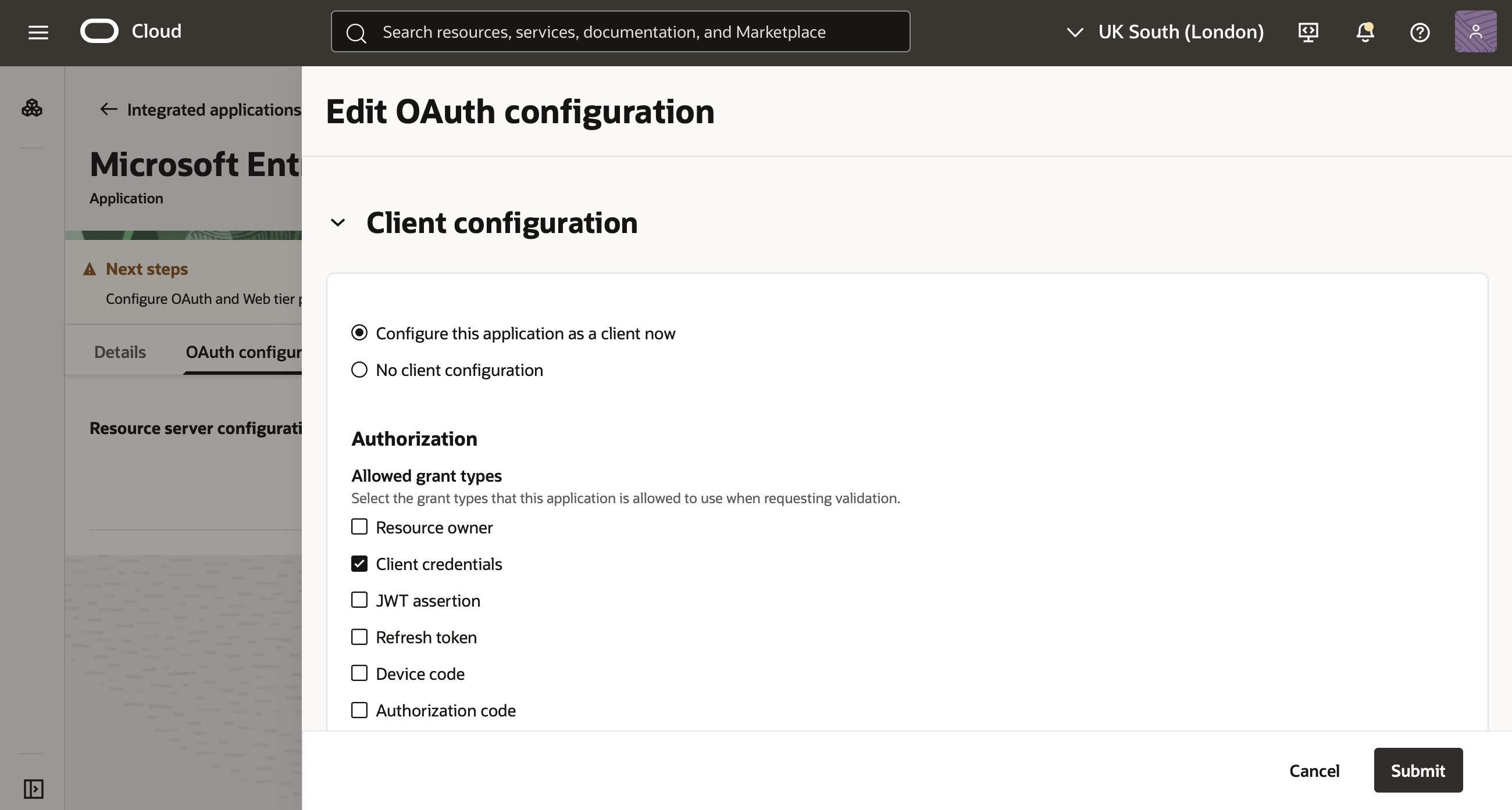 Click to expand An image of the OCI Console showing the Configure OAuth page of the Add Confidential Application workflow with the Client configuration section options displayed.