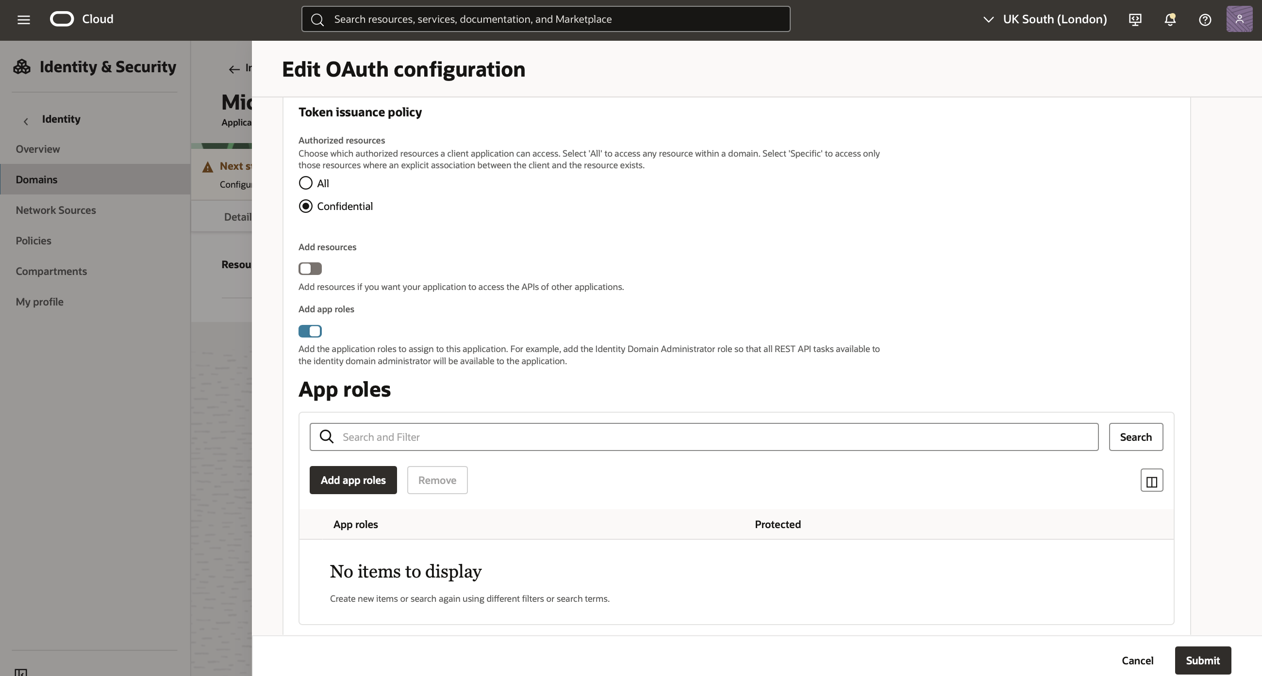 Click to expand An image of the OCI Console showing the Configure OAuth page of the Add Confidential Application workflow with the Add roles section displayed.