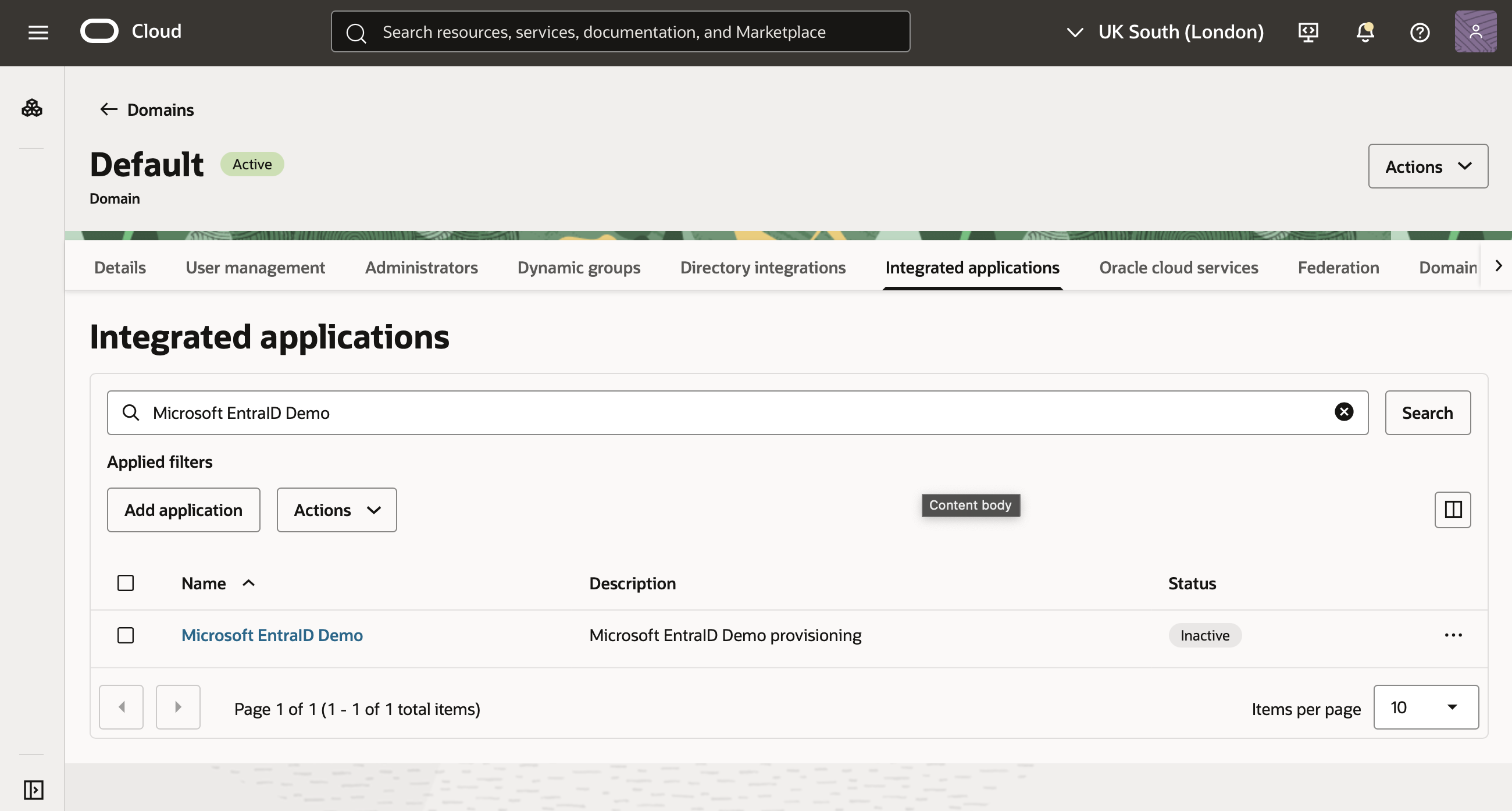 Click to expand An image of the OCI Console showing the list view of integrated applications in an OCI Identity domain.