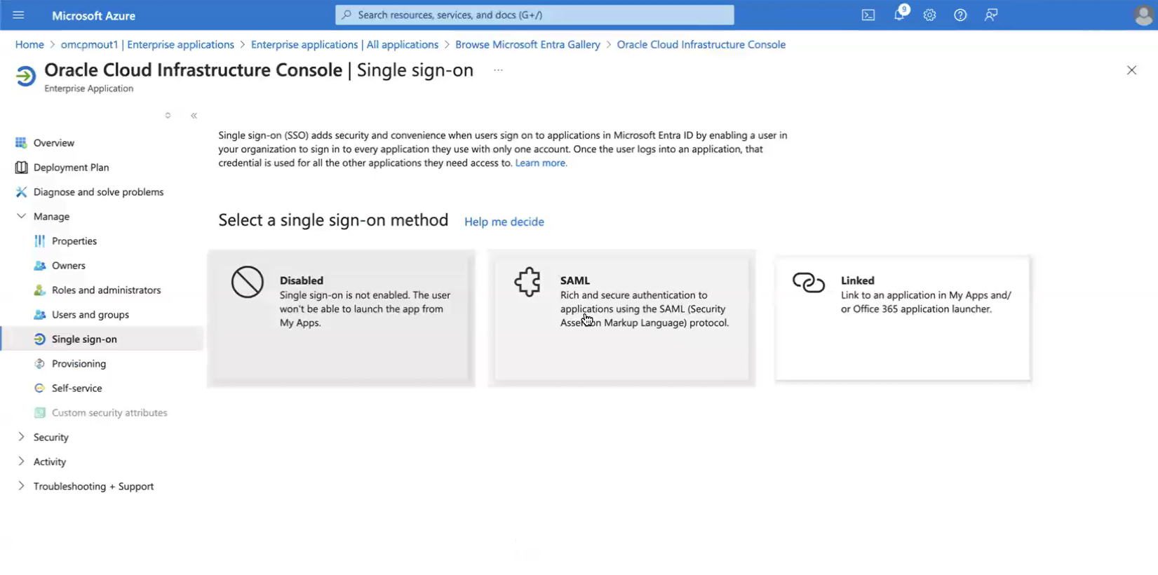 Click to expand An image of the Azure portal showing the the selection of the SAML protocol for Singel sign on.