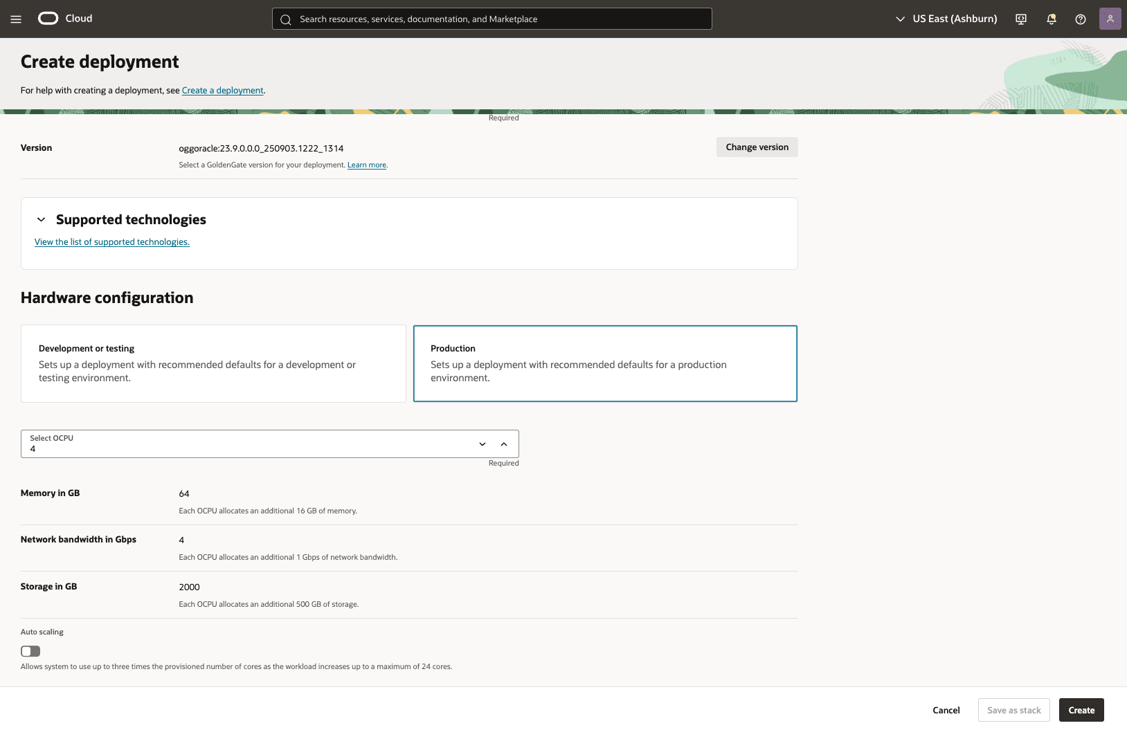 This screenshot shows how to create GoldenGate deployment.