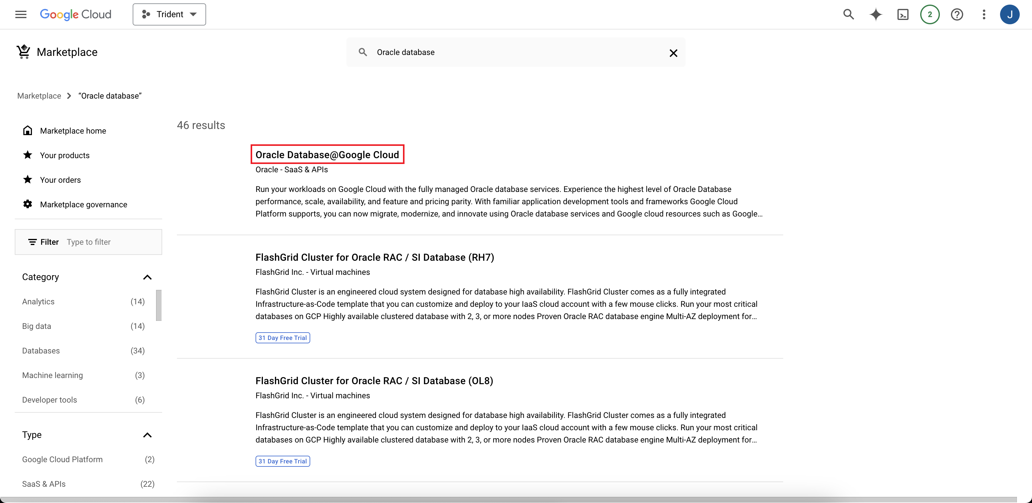 Click to expand An image of search results in Google Cloud Marketplace.
