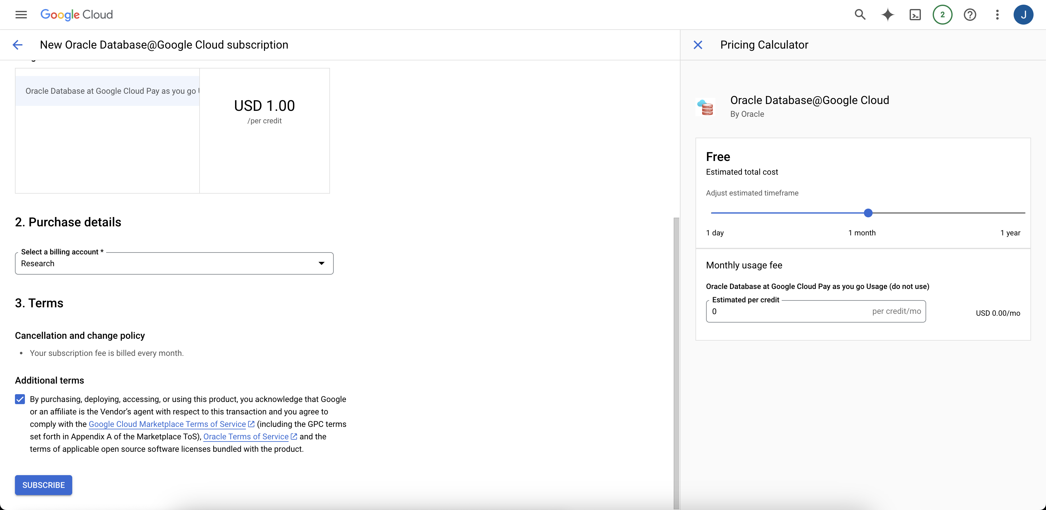 Click to expand An image of the purchase details section of the Oracle Database@Google Cloud offer in the Google Cloud Marketplace.