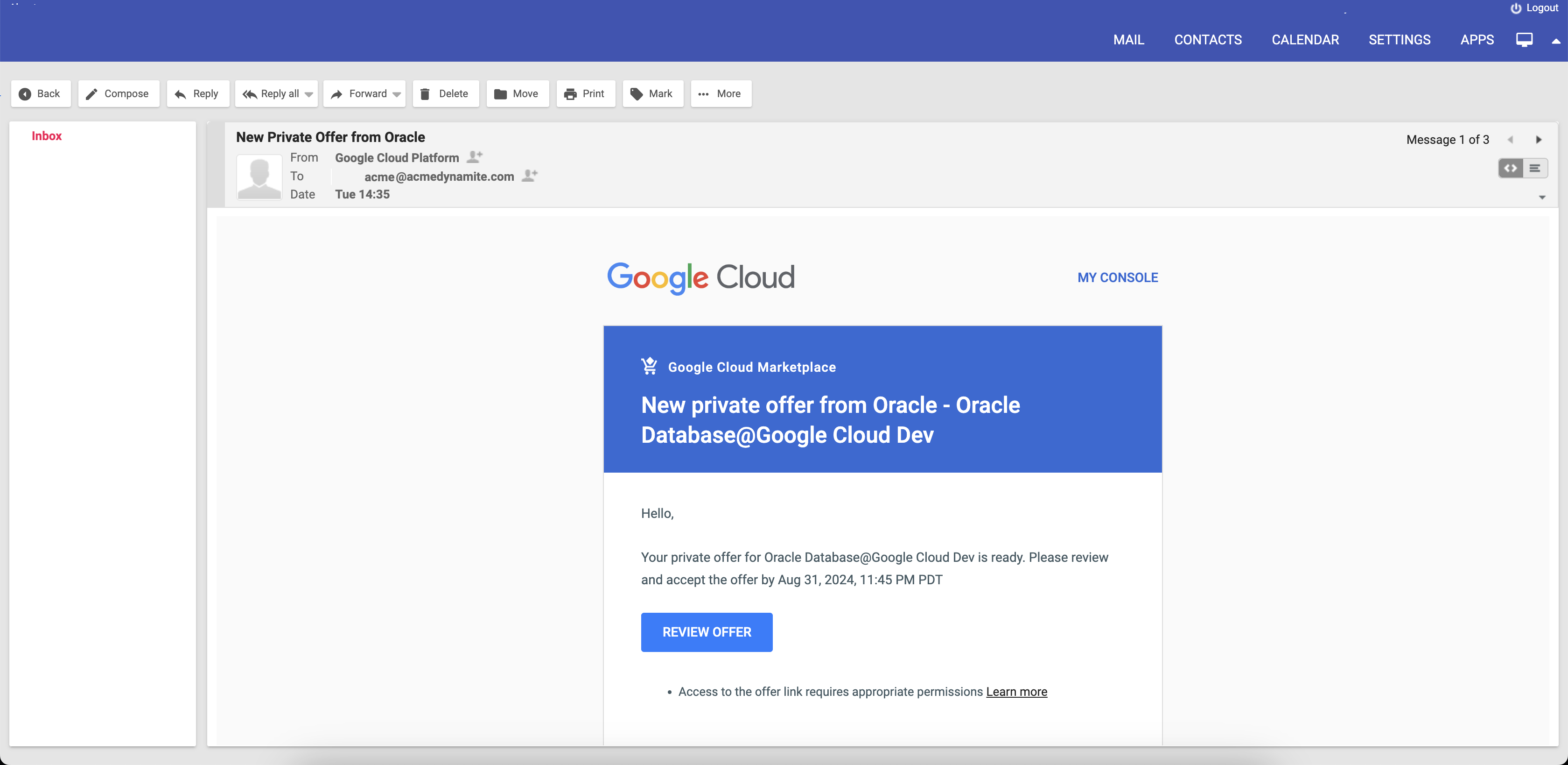 Click to expand An image of an email stating that a new private offer is available in Google Cloud.