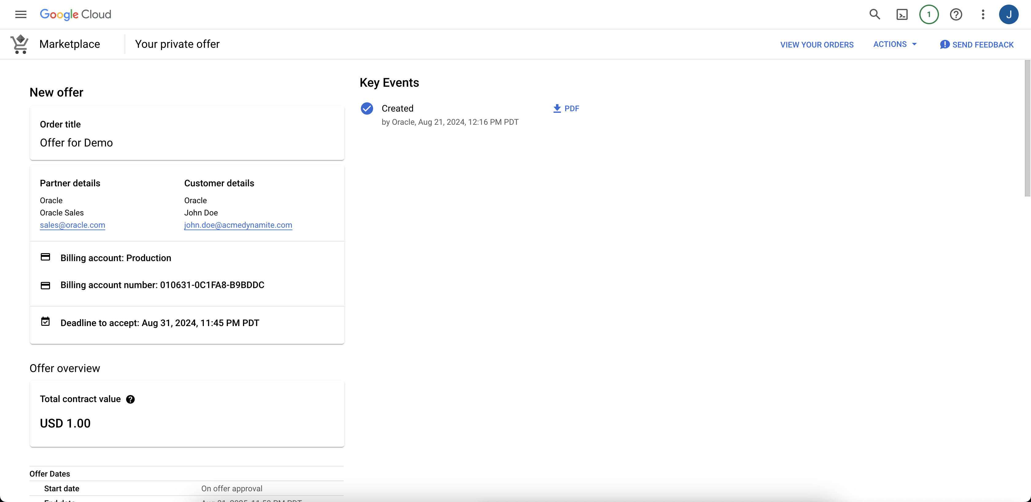 Click to expand An image of a private offer details page in Google Cloud Marketplace.
