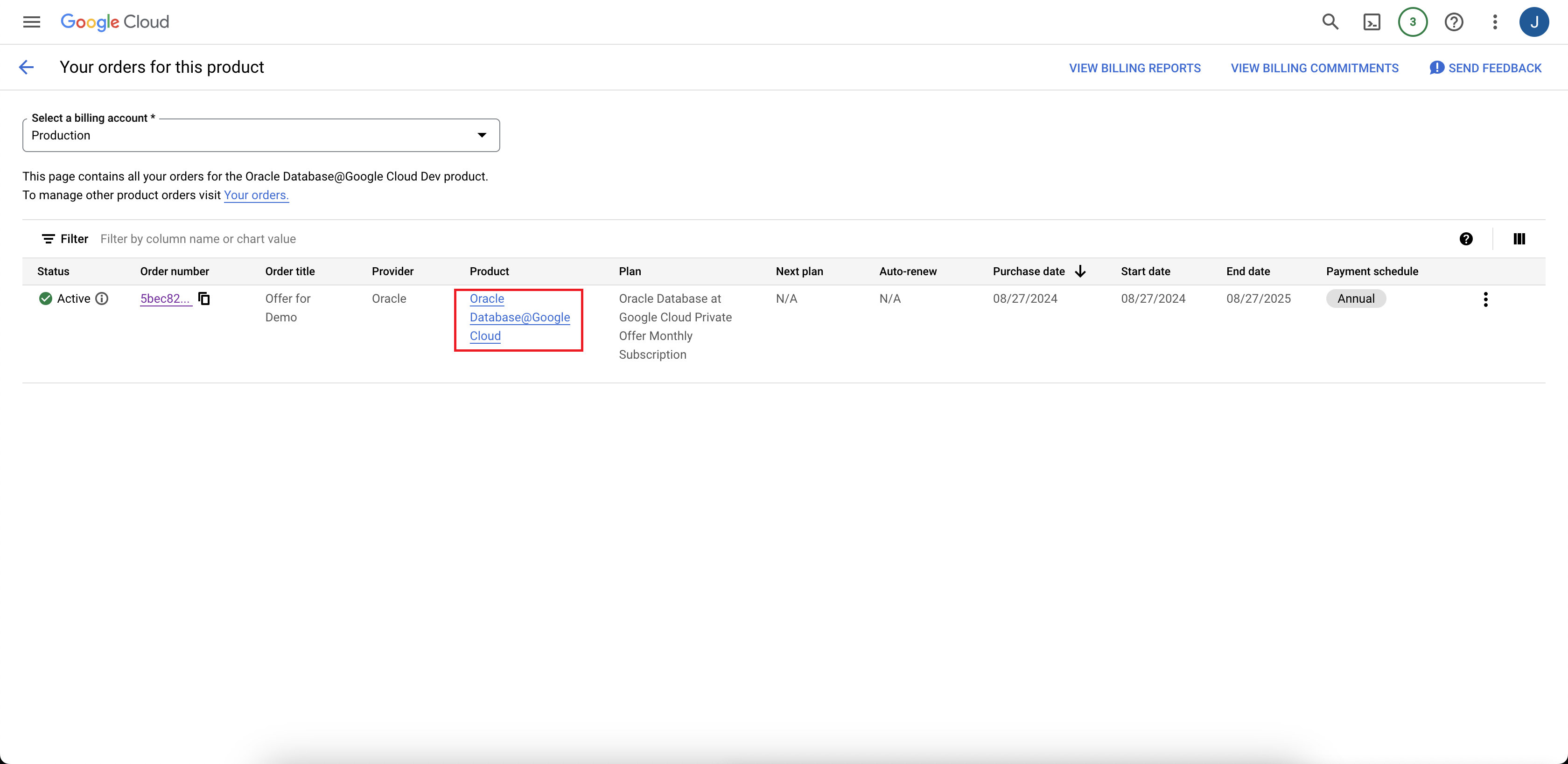 Click to expand An image of the Google Cloud Marketplace orders list.
