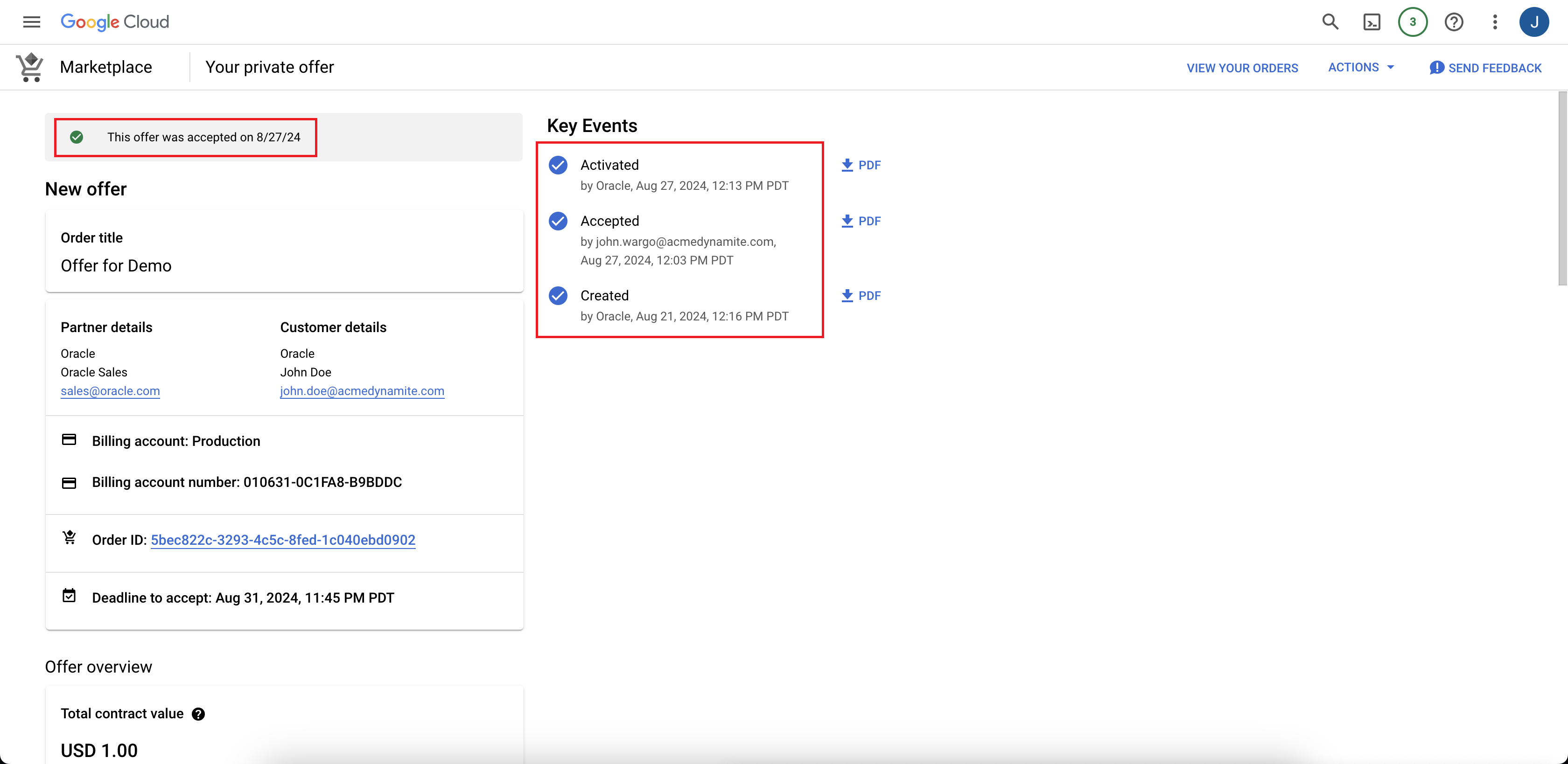 Click to expand An image of the Oracle Database@Google Cloud order details