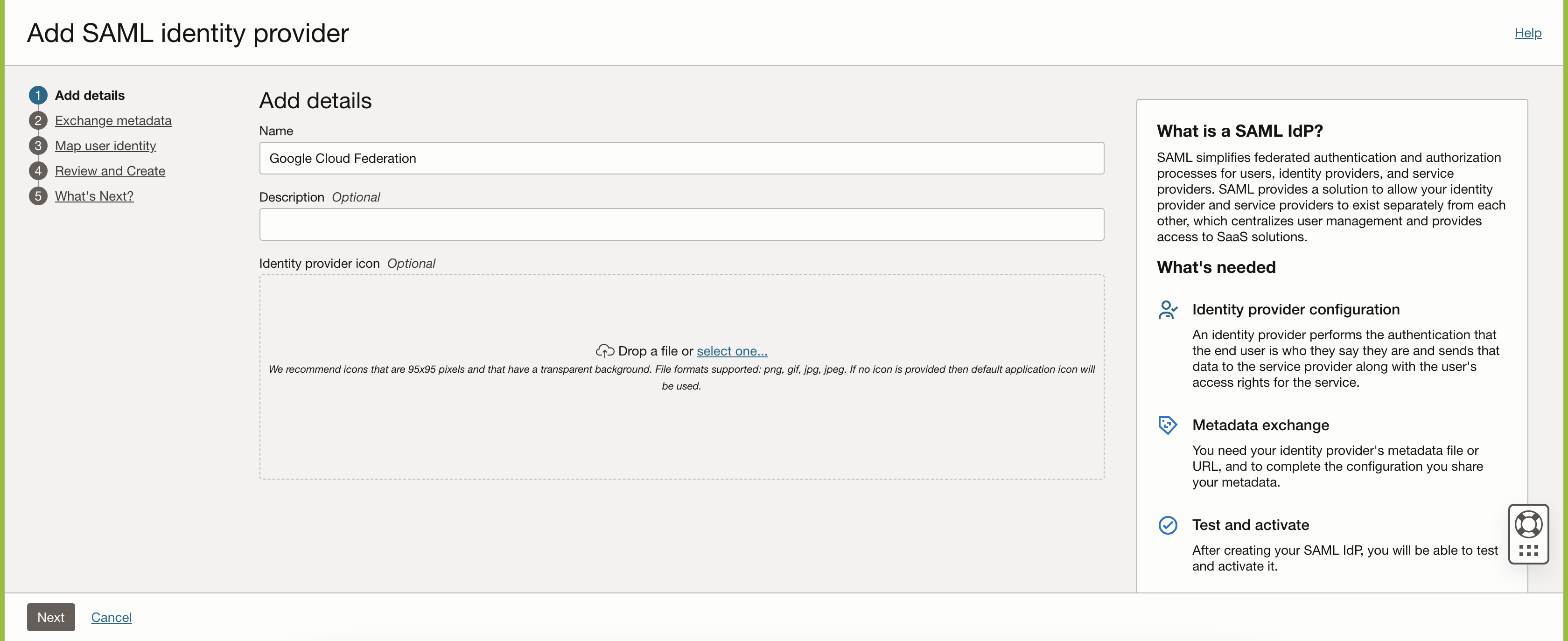 Click to expand An image of the Oracle Cloud Console showing the Add SAML identity provider screen.