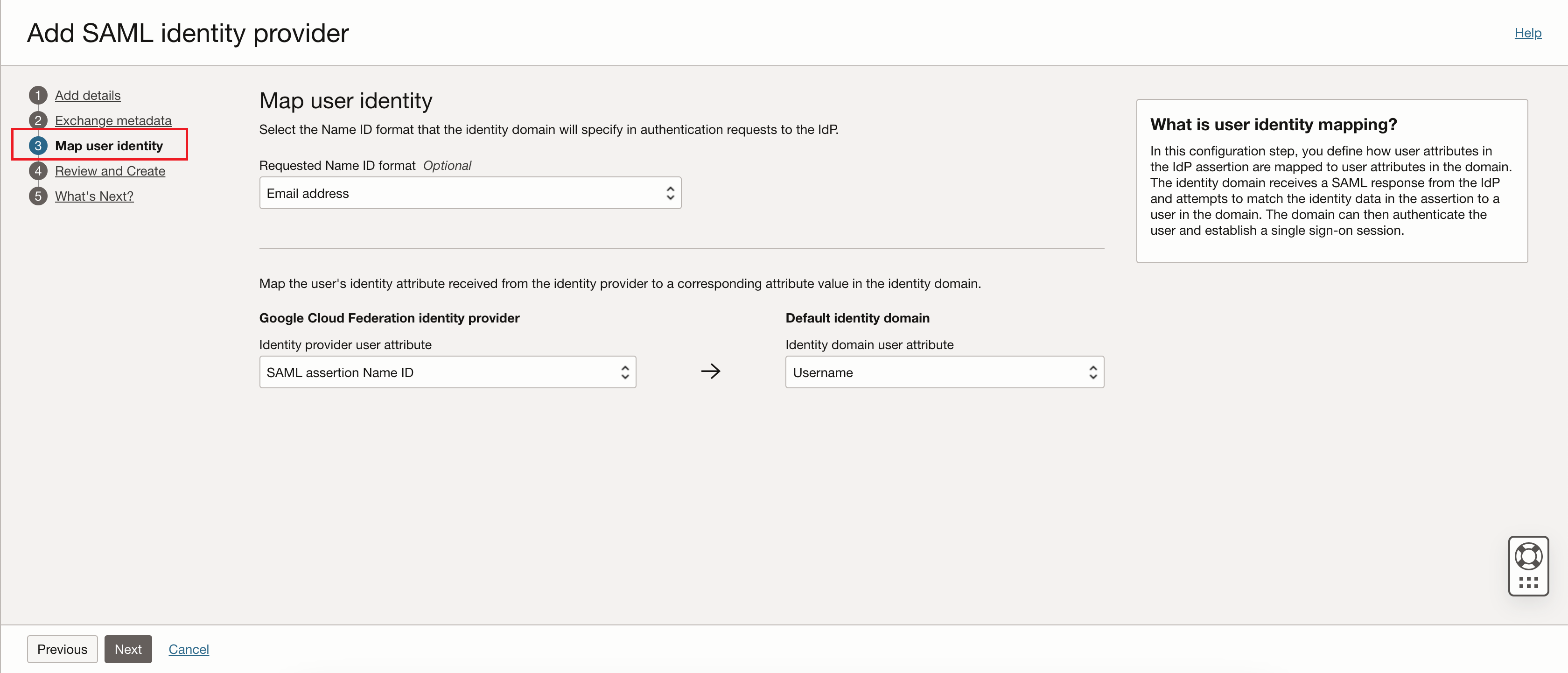 Click to expand An image of the Oracle Cloud Console showing the Add SAML identity provider work flow's Map user identity page.