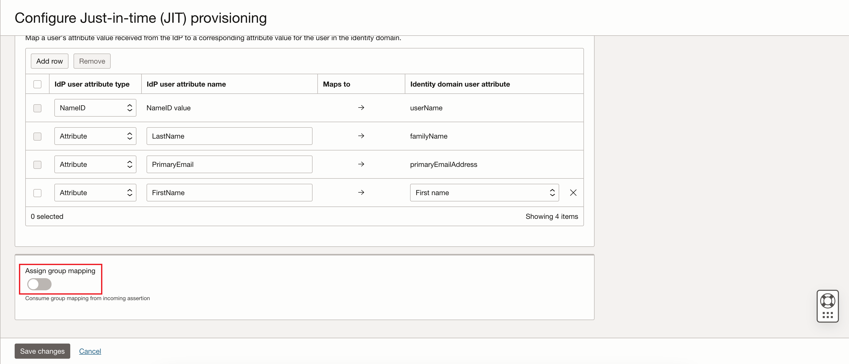 Click to expand The Configure Just-in-time (JIT) provisioning page in the Oracle Cloud Console.