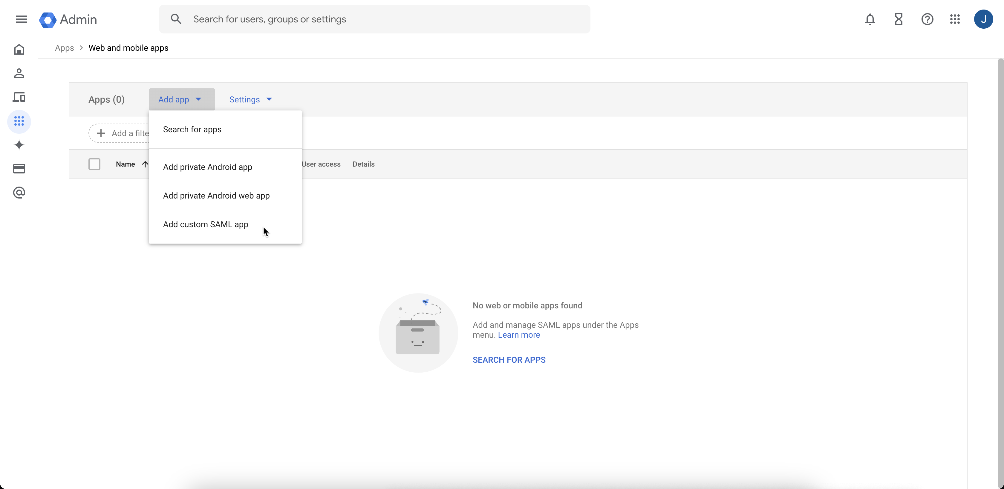 Click to expand An image of the Add custom SAML app menu selection.
