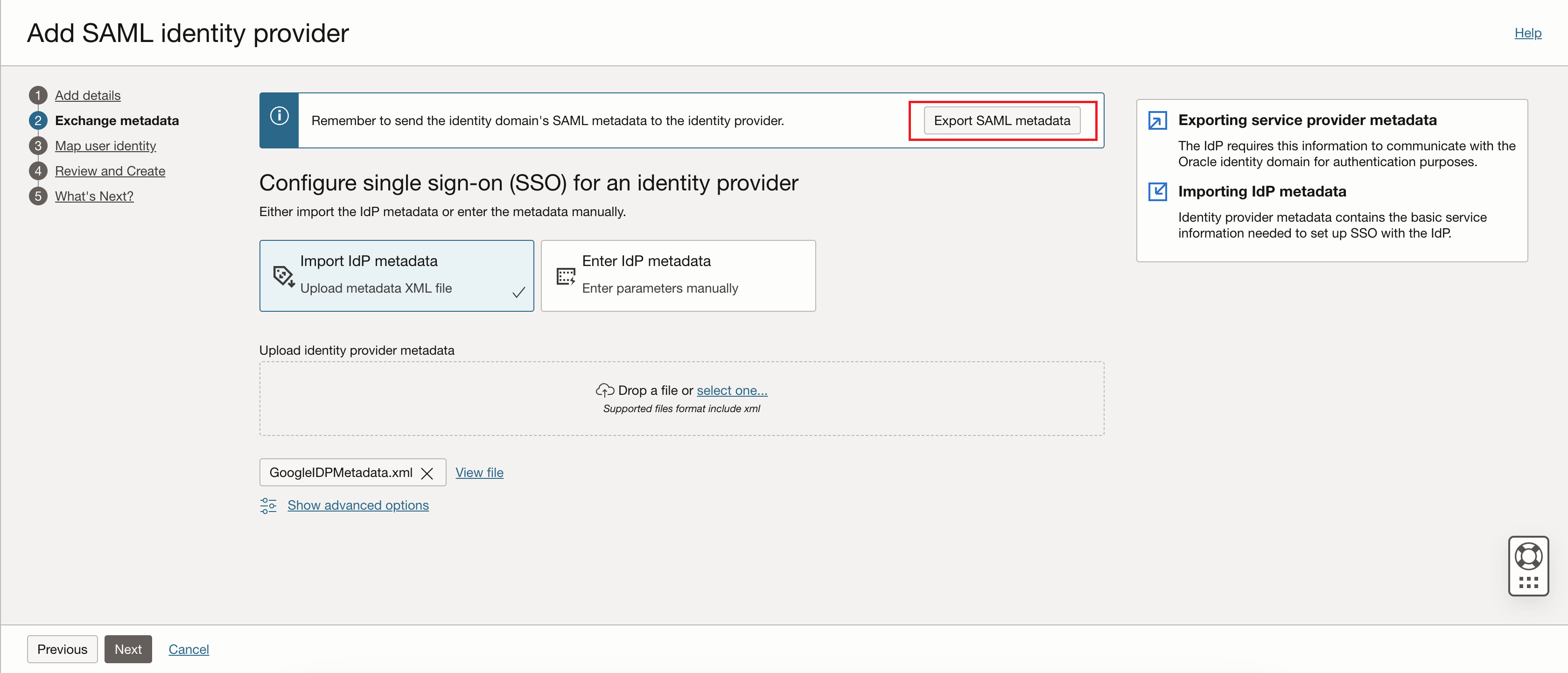 Click to expand An image of the Oracle Cloud Console Add SAML identity provider page.