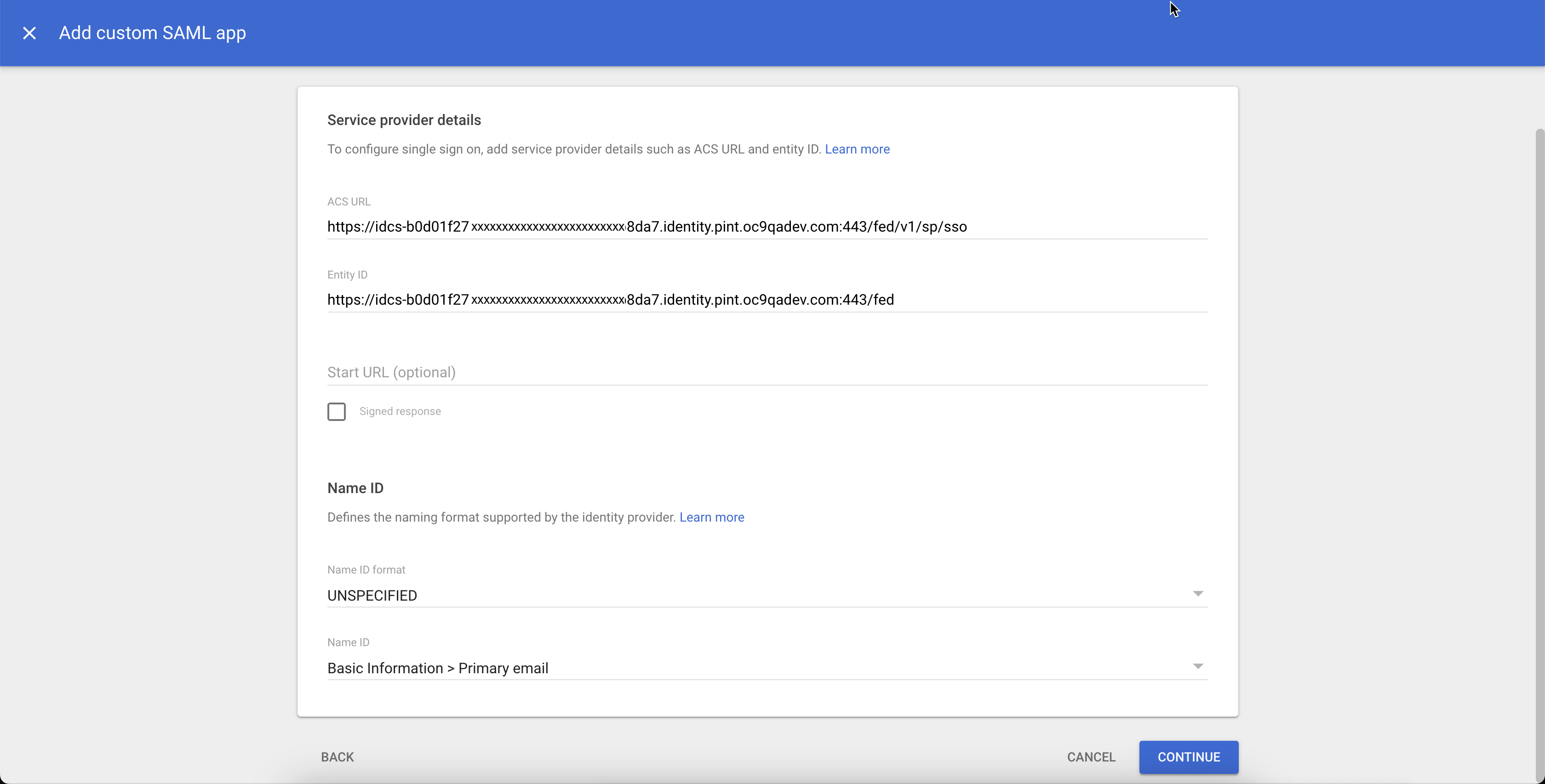 Click to expand An image of the Google Cloud admin Console Service provider details page.