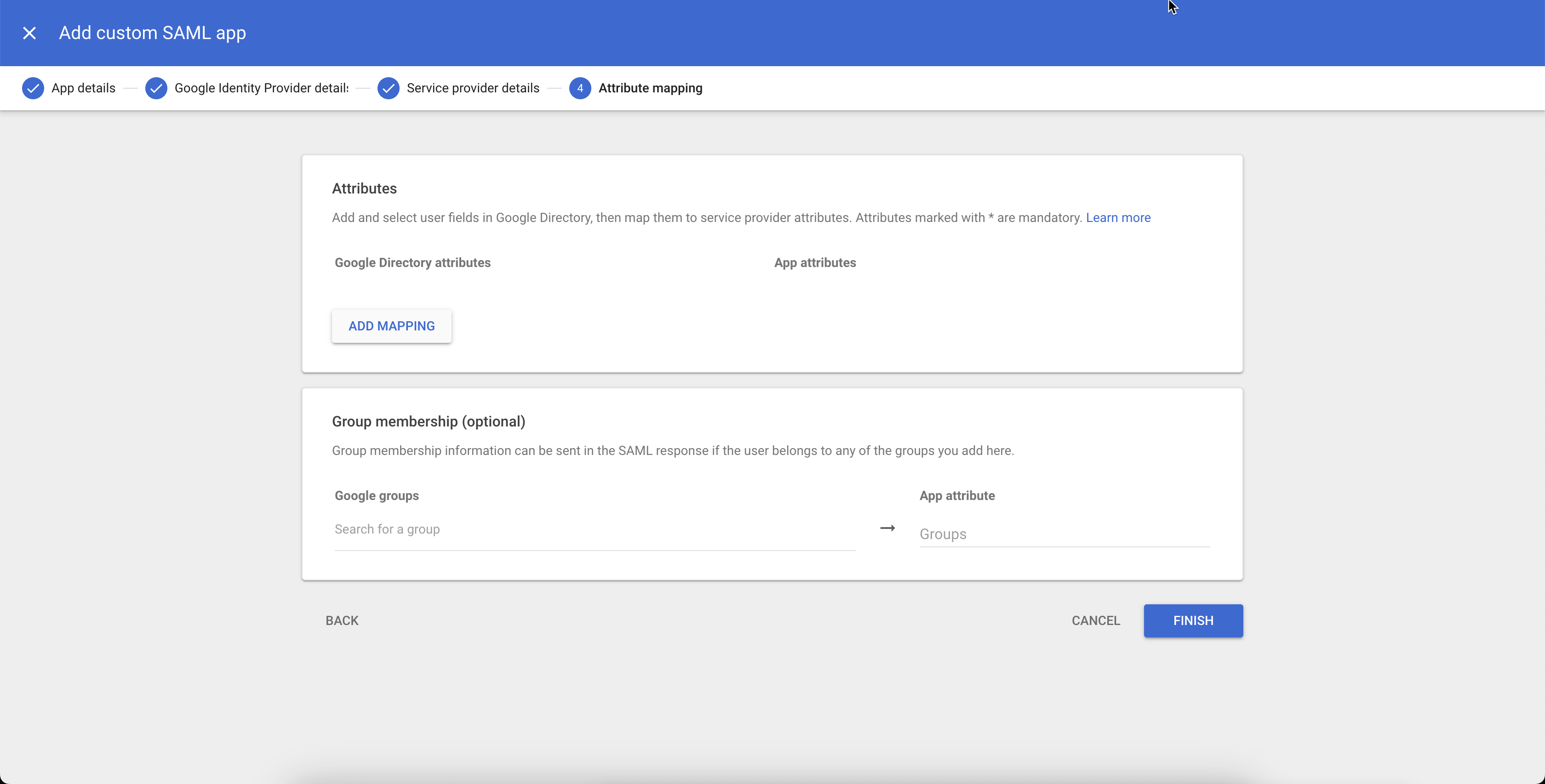 Click to expand An image of the Google Cloud admin Console Attributes page.