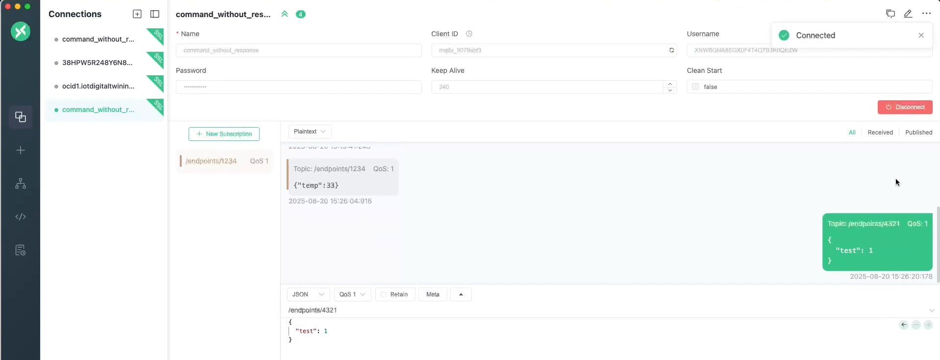 In MQTTX view the command response data.