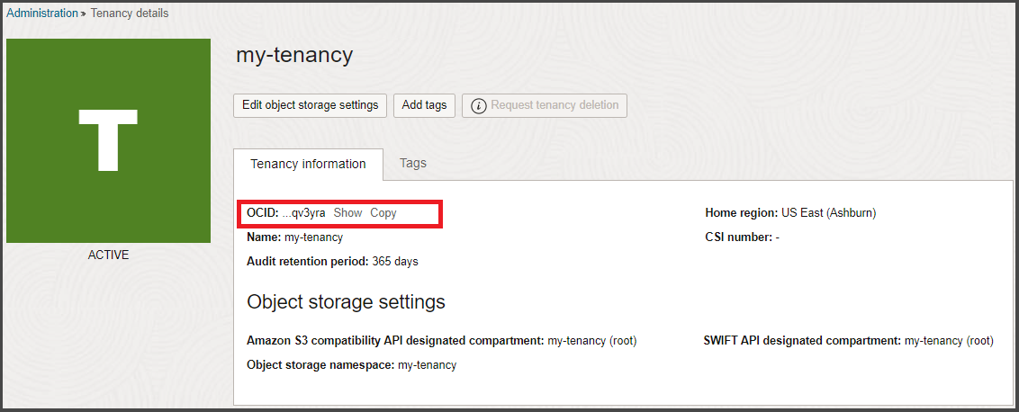 Click to expand Tenancy Details page showing the location of the tenancy OCID