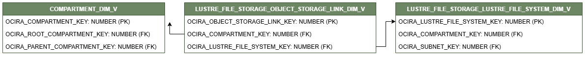Relationship diagram showing the dimension table, LUSTRE_FILE_STORAGE_OBJECT_STORAGE_LINK_DIM_V.