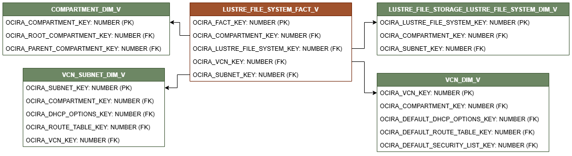 Relationship diagram showing the fact table, LUSTRE_FILE_SYSTEM_FACT_V.