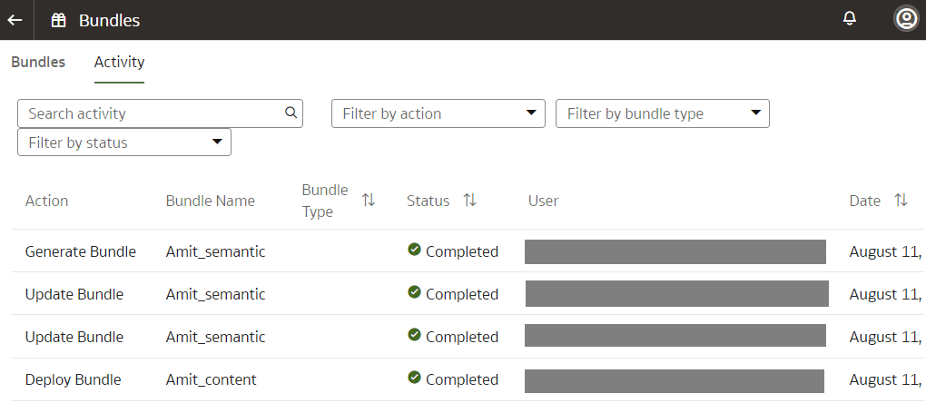 Activity tab on the Bundles page Activity tab on the Bundles page