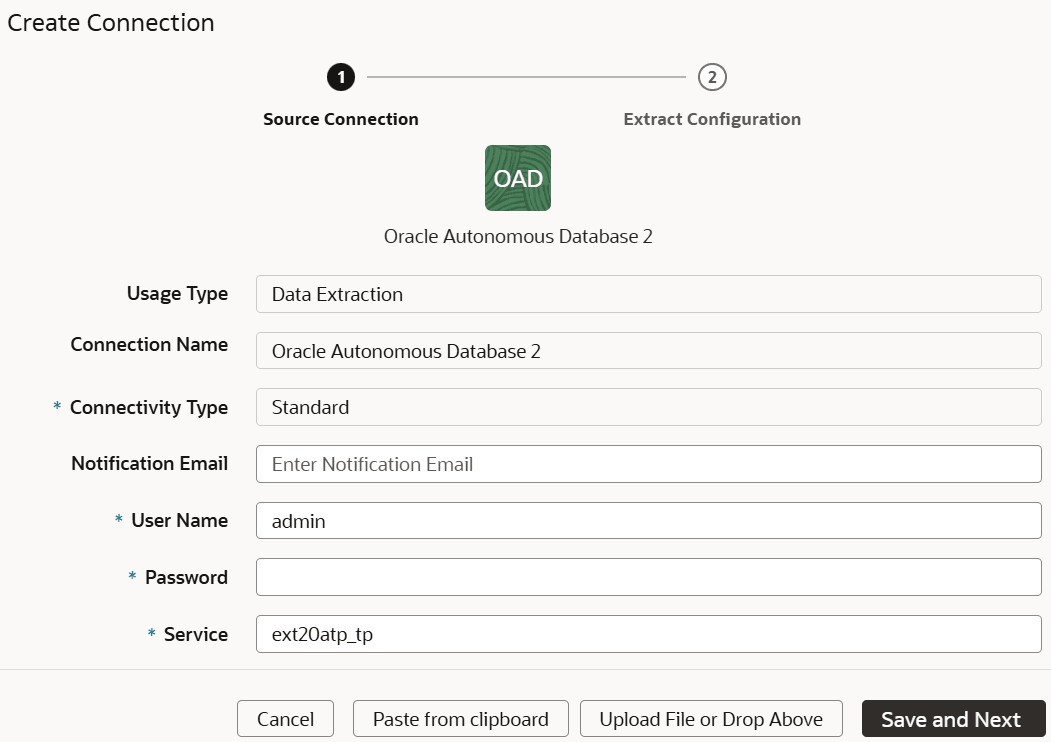 Create Connection for Oracle Autonomous Database dialog displaying the Source Connection tab Create Connection for Oracle Autonomous Database dialog displaying the Source Connection tab