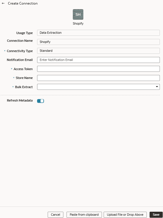 Create Connection for Shopify dialog