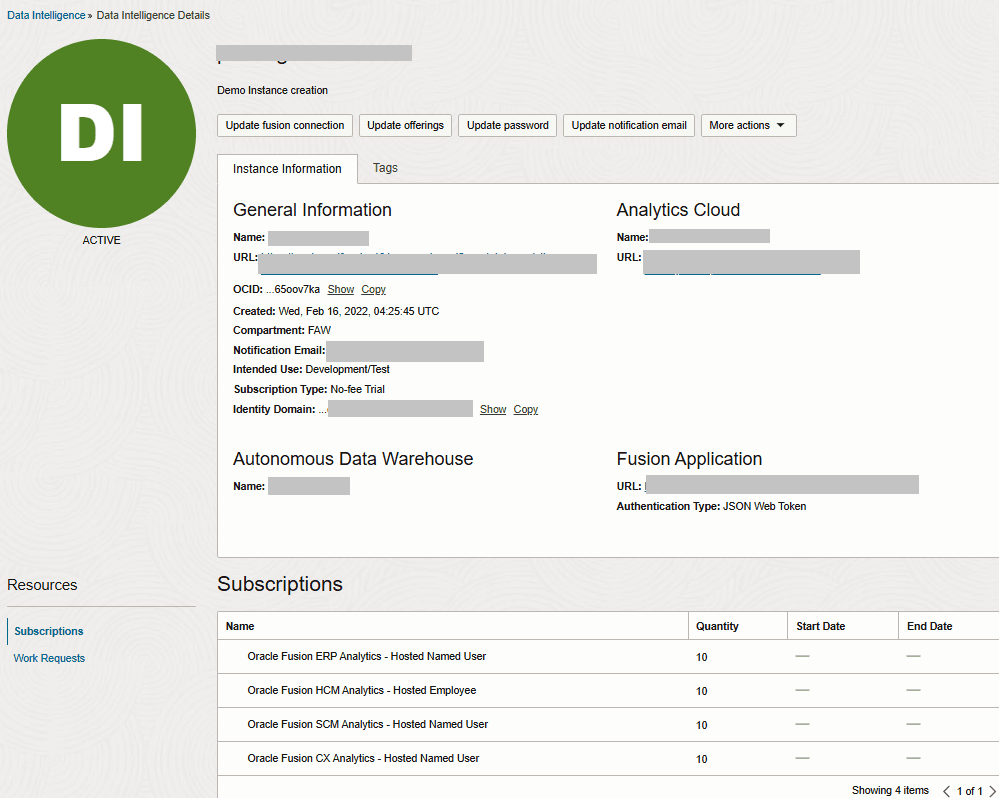 Oracle Fusion Data Intelligence public instance Oracle Fusion Data Intelligence public instance
