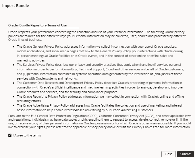 Oracle Bundle Repository terms of use in the Import Bundle dialog Oracle Bundle Repository terms of use in the Import Bundle dialog