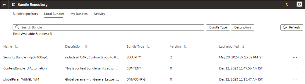 Local bundles tab displaying the bundles that are imported into your instance Local bundles tab displaying the bundles that are imported into your instance