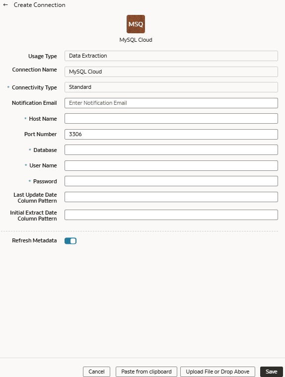 Create Connection for MySQL Cloud database dialog Create Connection for MySQL Cloud database dialog