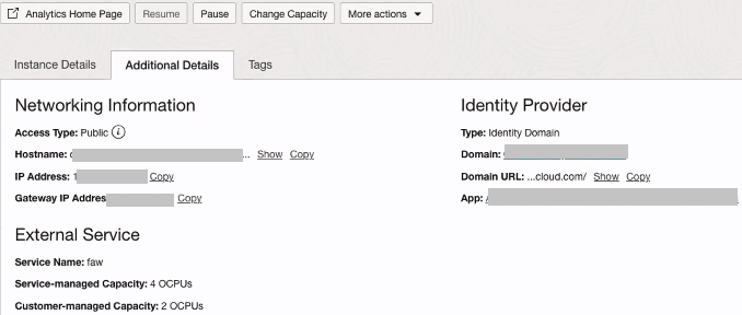 The service managed and customer managed capacity for the associated Oracle Analytics Cloud instance The service managed and customer managed capacity for the associated Oracle Analytics Cloud instance