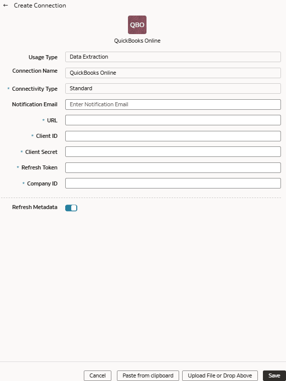 Create Connection for QuickBooks Online dialog Create Connection for QuickBooks Online dialog
