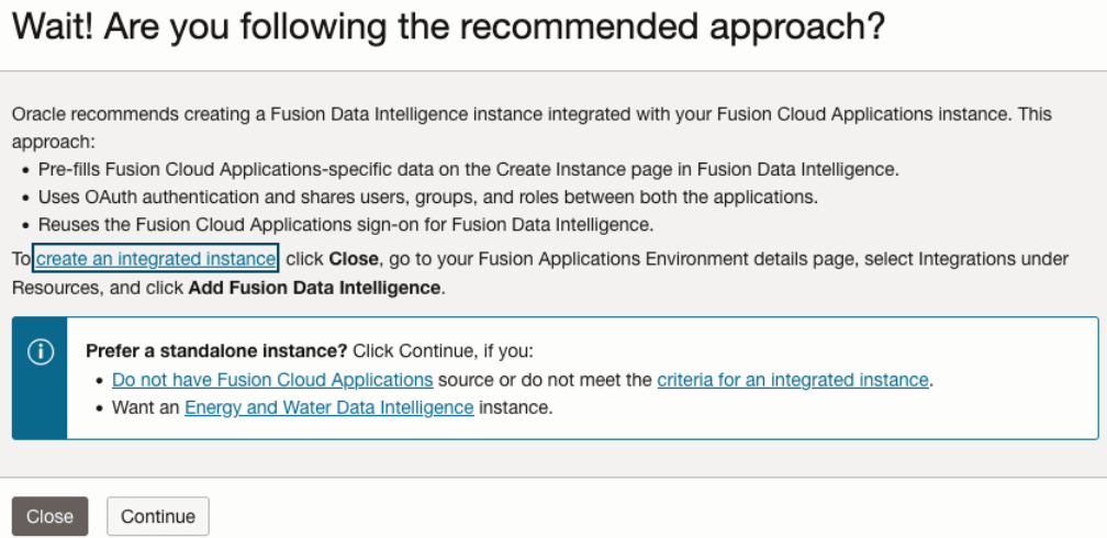 Dialog displaying the recommended instance creation approach Dialog displaying the recommended instance creation approach